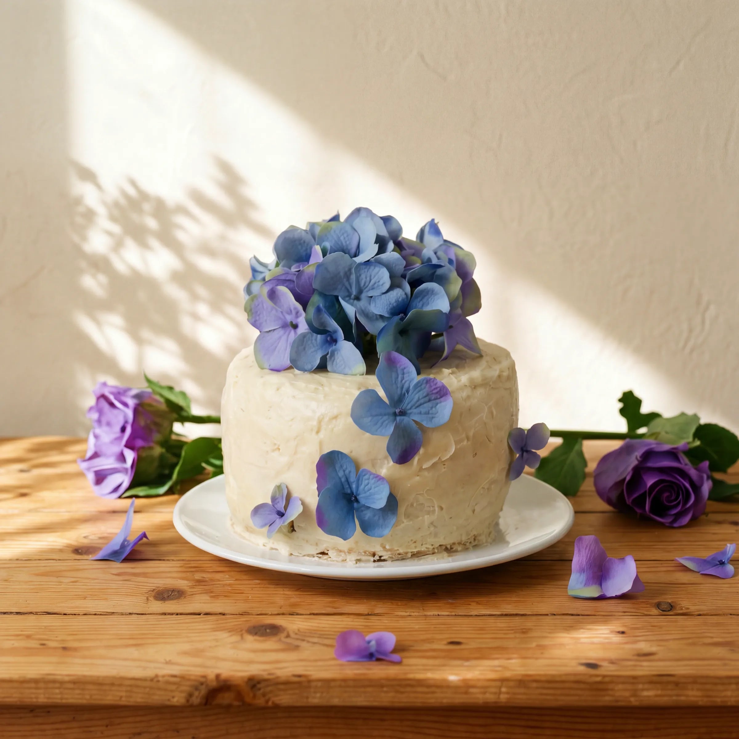 Blue Blossom Harmony Madeira Cake with blue and purple hydrangea crown and paired purple roses by Fabulous Flowers