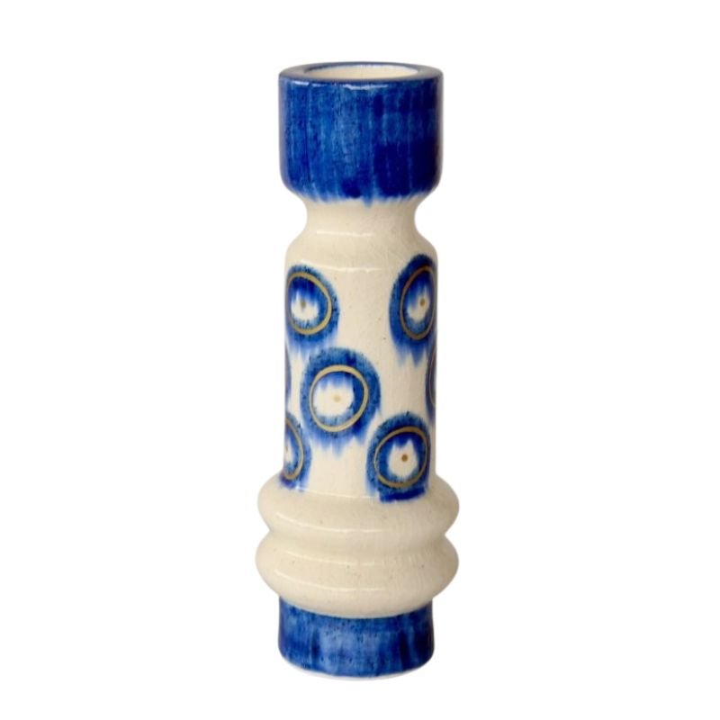 Ceramic vase cnadle stick holder with blue and white pattern on a white background