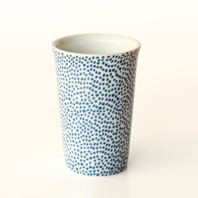 Blue Dot Beaker - Fabulous Flowers & Gifts ceramic beaker with navy dot pattern, tall white cup.