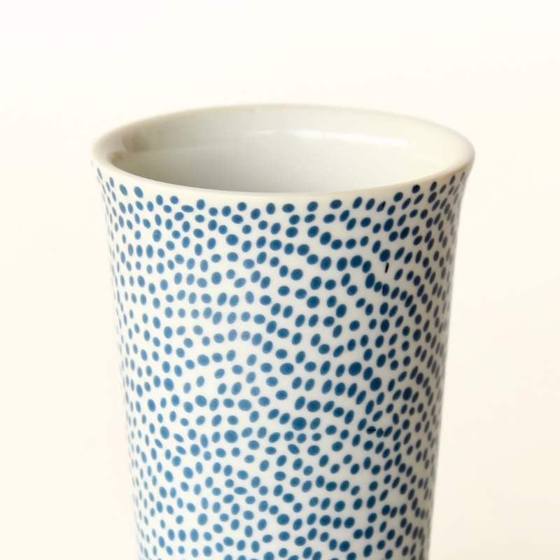Blue Dot Beaker - Fabulous Flowers & Gifts close-up showing navy dot pattern on white ceramic.