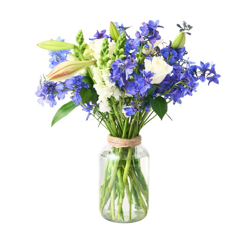 Bouquet of blue and white flowers in a clear glass vase on a white background
