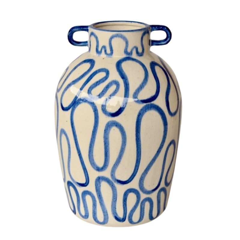 Ceramic vase with blue abstract patterns on a white background