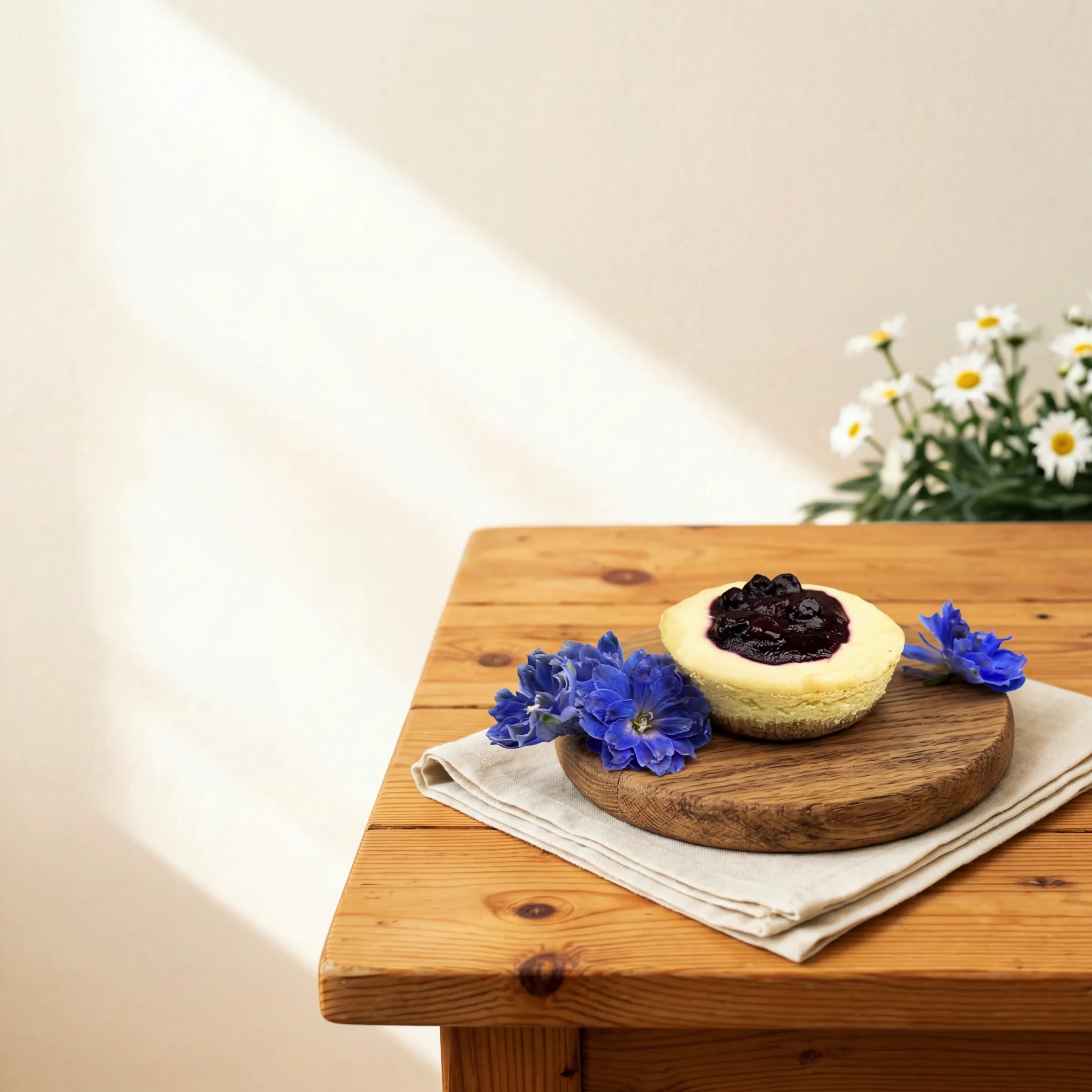 Blueberry Cheesecake on a serving board with blue delphinium and white daisies by Fabulous Flowers