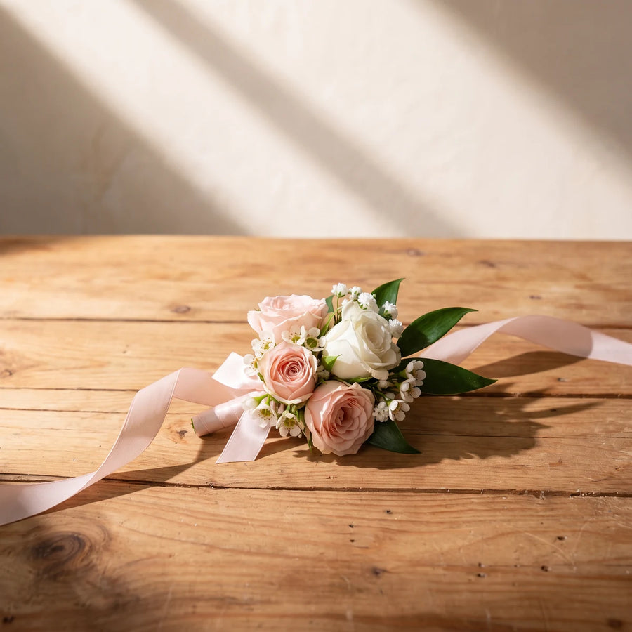Blush pink rose and waxflower wrist corsage with a blush ribbon on a pine table, Fabulous Flowers South Africa