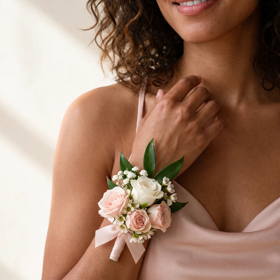 Woman in a blush satin dress touching her collarbone and wearing a pink rose wrist corsage, Fabulous Flowers South Africa