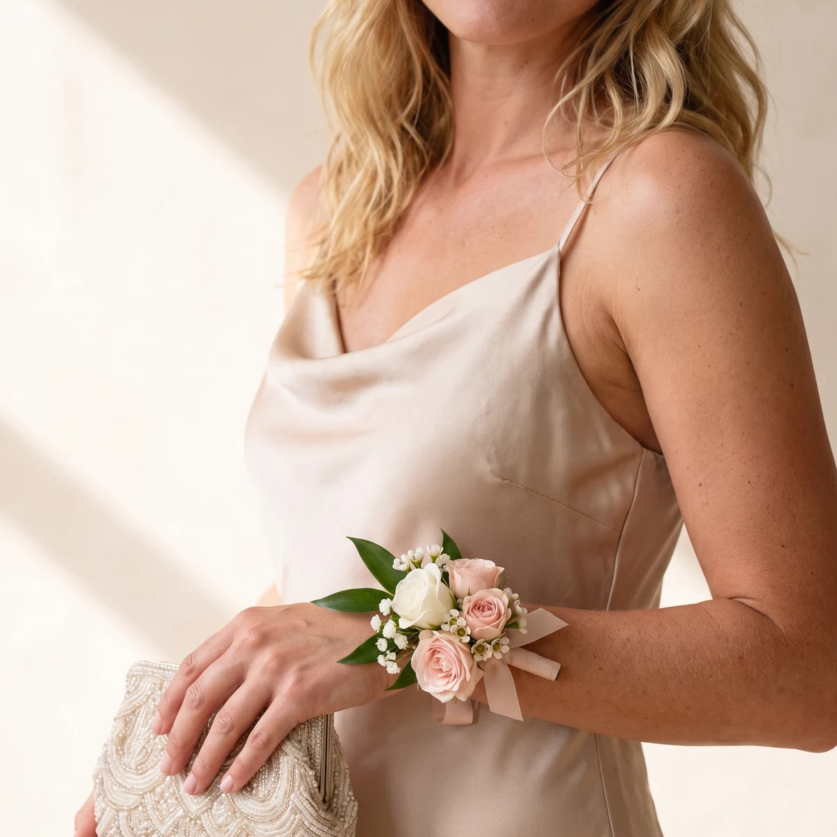 Woman in a champagne slip dress holding a clutch and wearing a blush wrist corsage, Fabulous Flowers South Africa