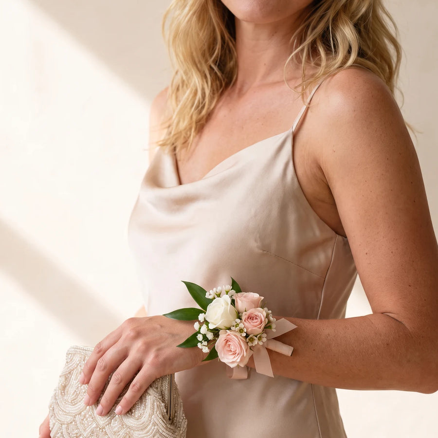 Woman in a champagne slip dress holding a clutch and wearing a blush wrist corsage, Fabulous Flowers South Africa