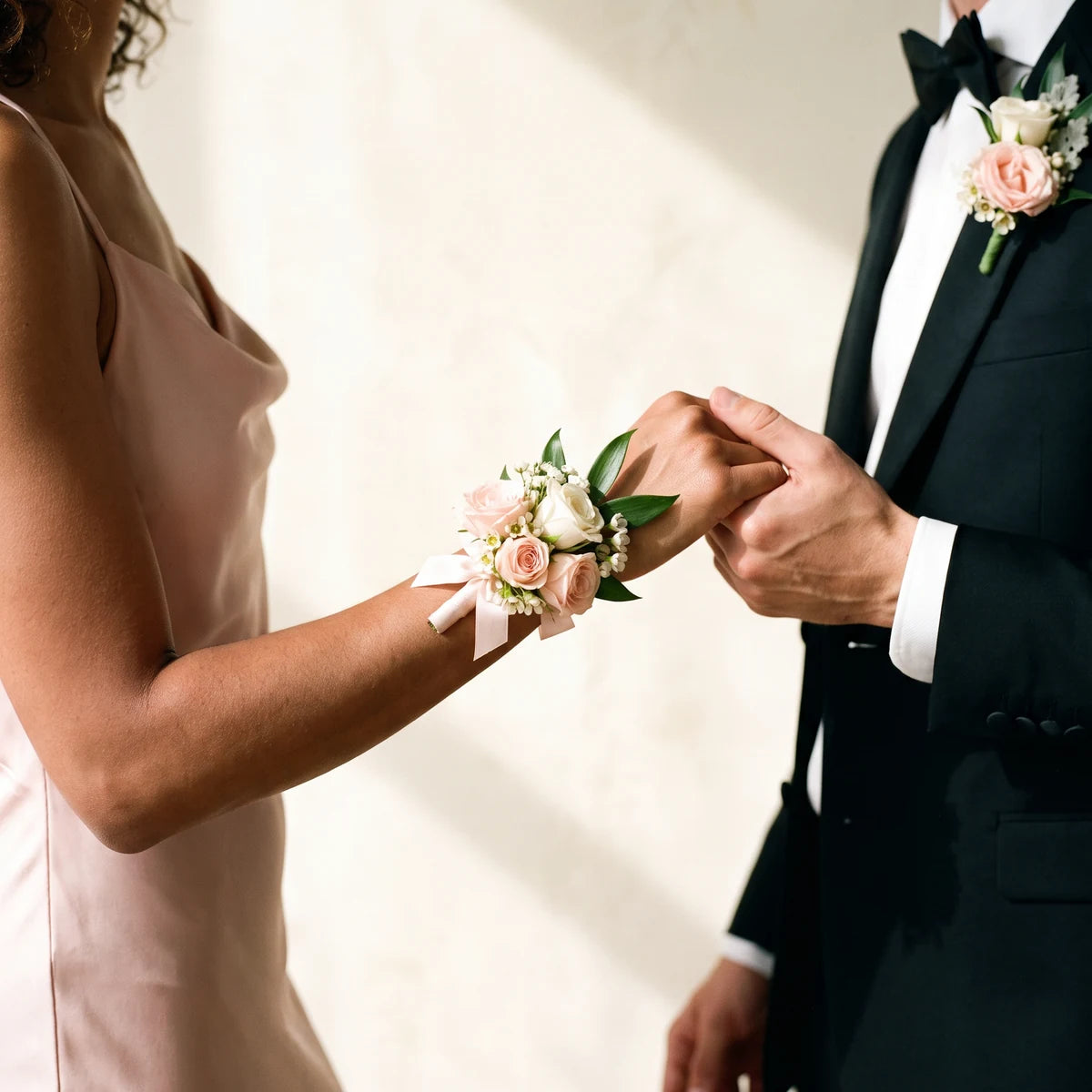 Couple holding hands with a blush rose wrist corsage and matching boutonniere, Fabulous Flowers South Africa