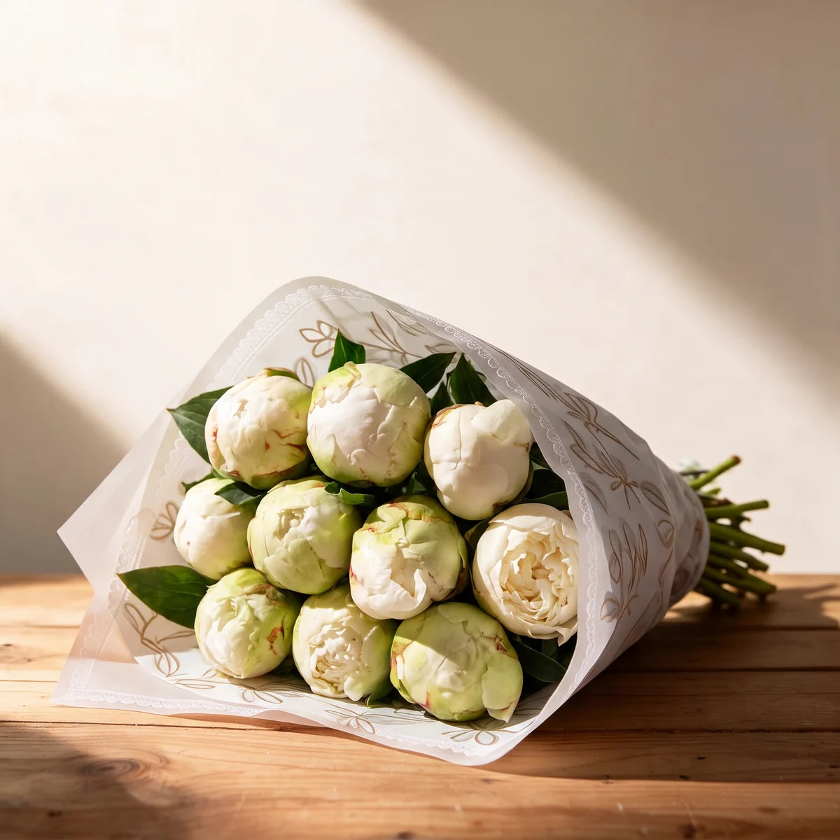 Ten Bowl of Cream peonies in creamy white bud, wrapped in white paper with a gold leaf print and lying on a pine table in afternoon sunlight, Fabulous Flowers South Africa