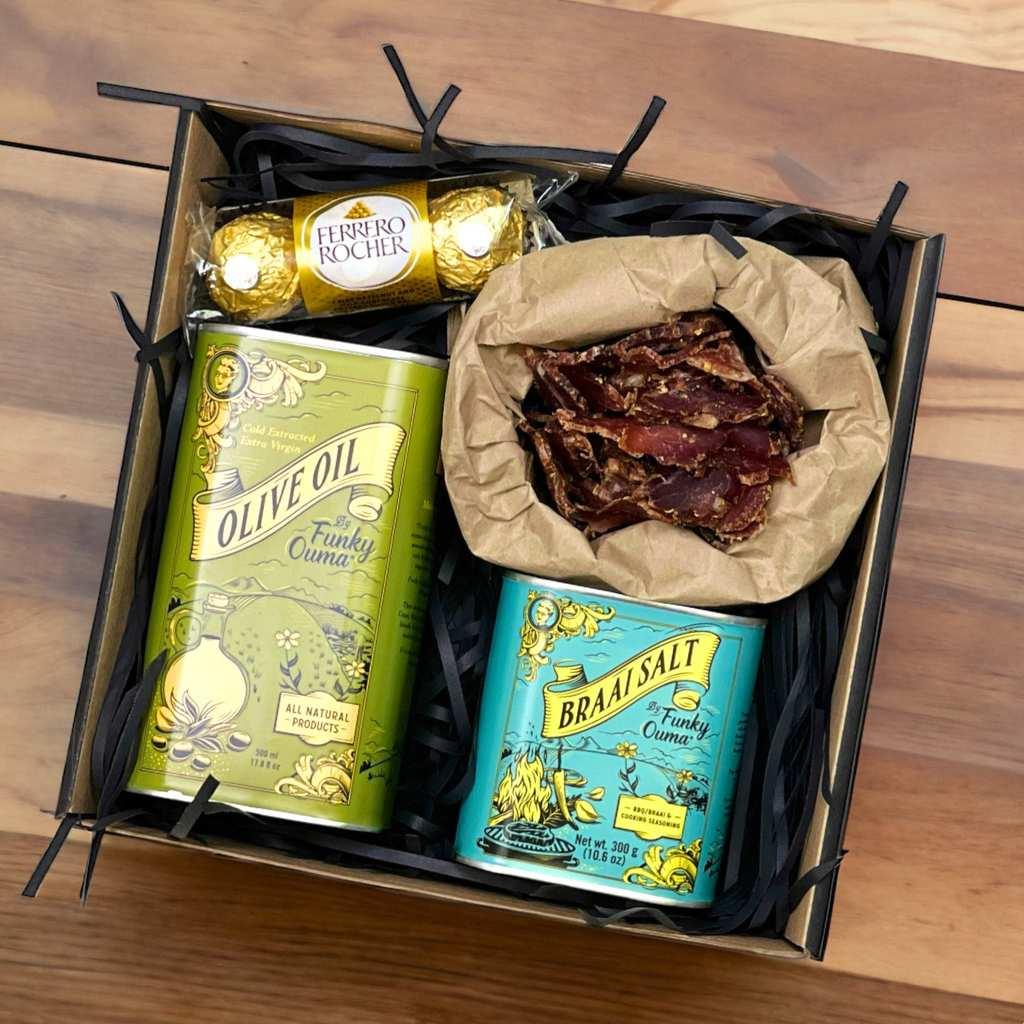 Funky Braai Salts in Braai Time Gift Box with olive oil and Ferrero Rocher chocs - Fabulous Flowers and Gifts