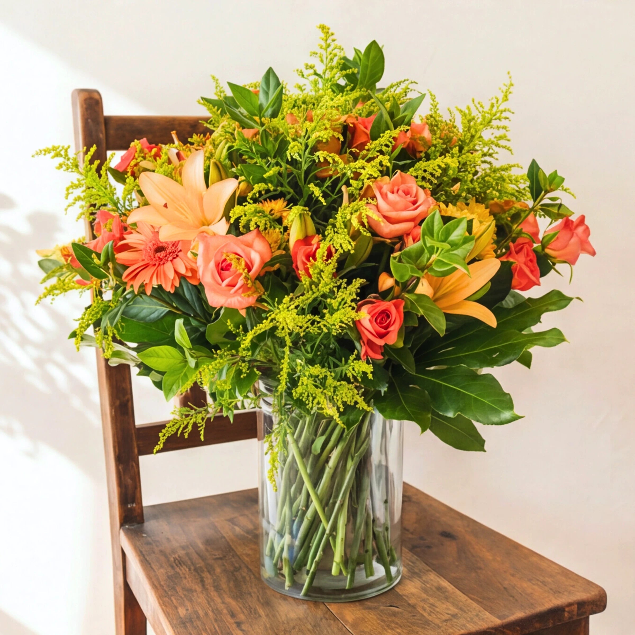 Bright Orange Glass Vase arrangement of orange roses, peach lilies and gerberas with solidago in a glass vase