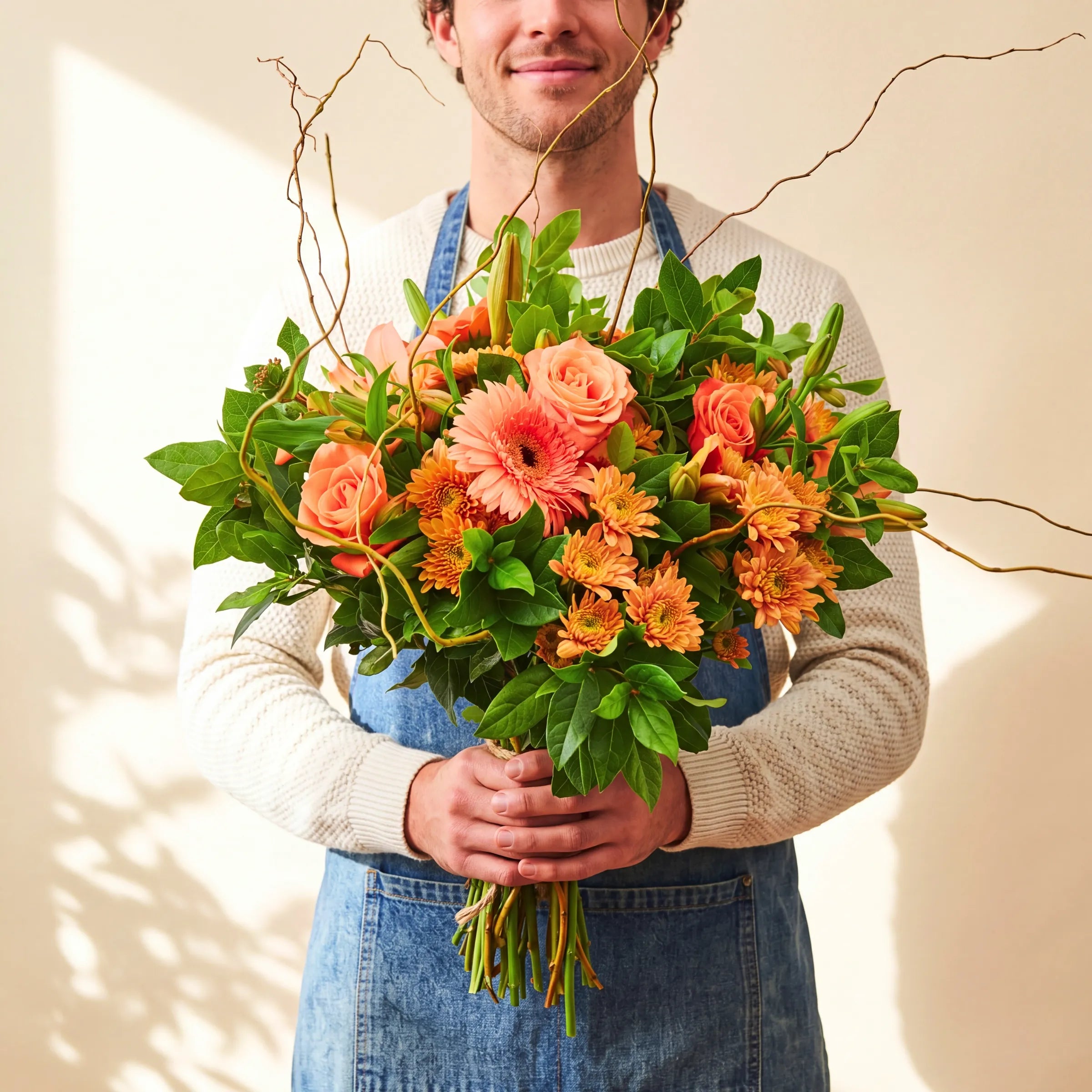 Bright Sunshine Bouquet hand-tied by a Fabulous Flowers florist with orange roses, coral gerbera, orange chrysanthemums and curly willow