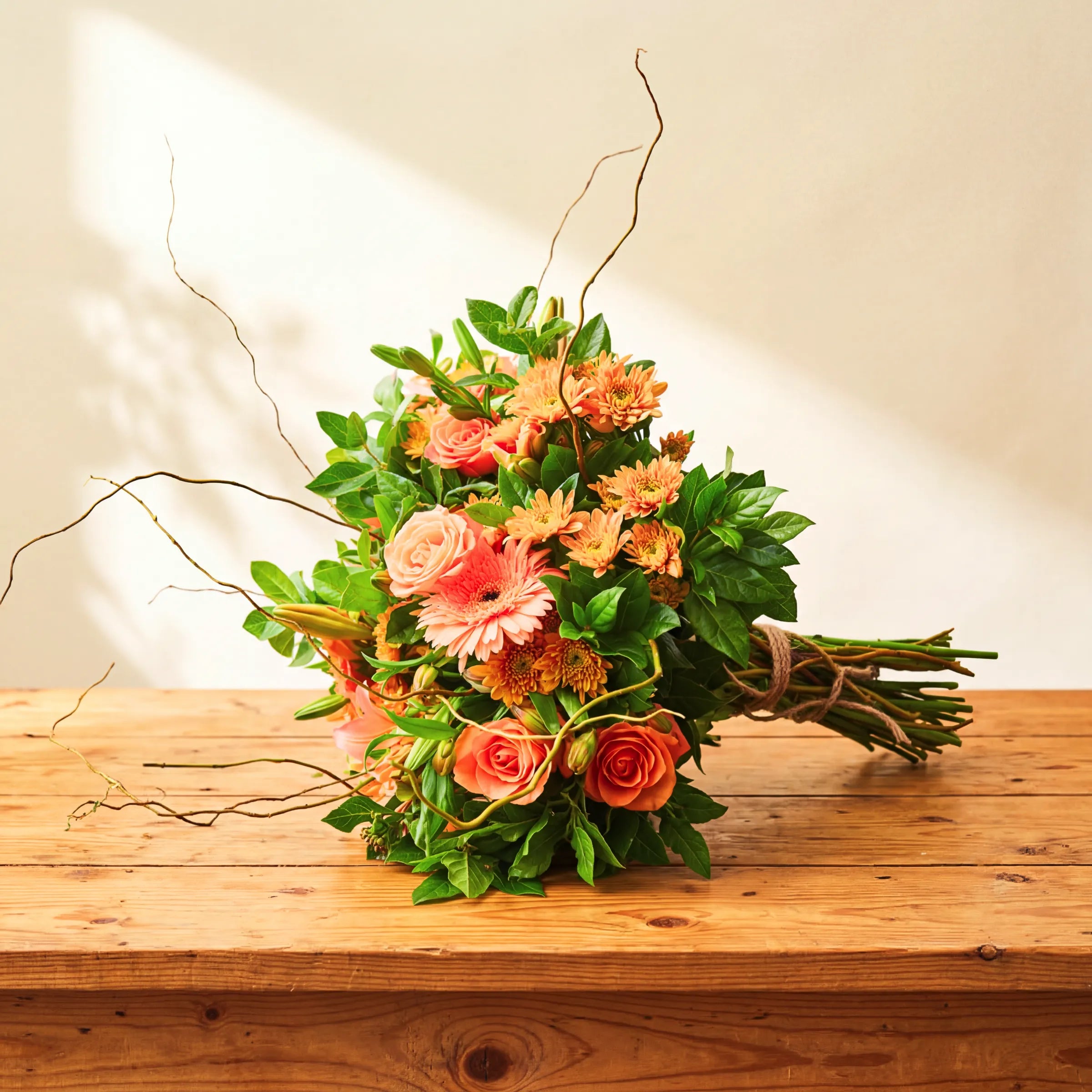 Bright Sunshine Bouquet orange and peach hand-tied flower bouquet on a wooden table with trailing curly willow branches