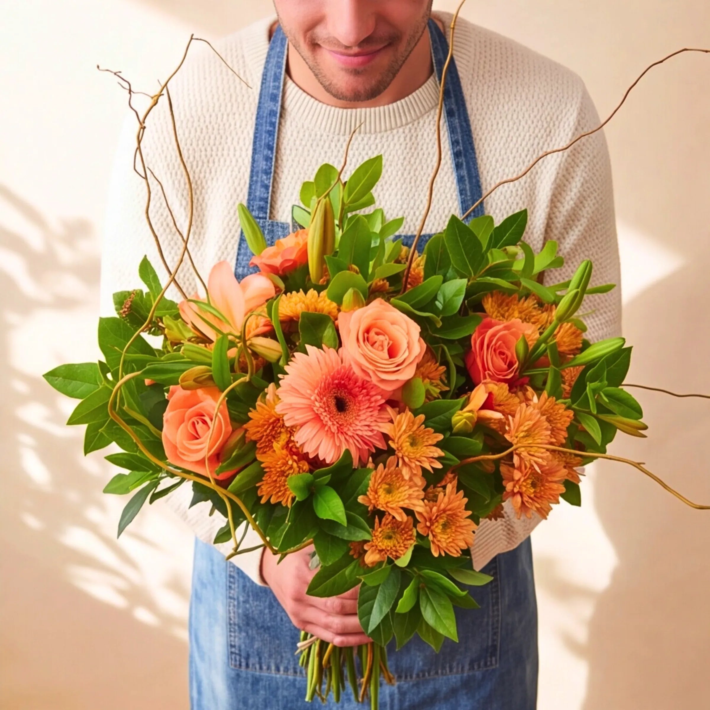 Florist holding the Bright Sunshine Bouquet sunny orange hand-tied bouquet in our Claremont studio for same-day Cape Town delivery