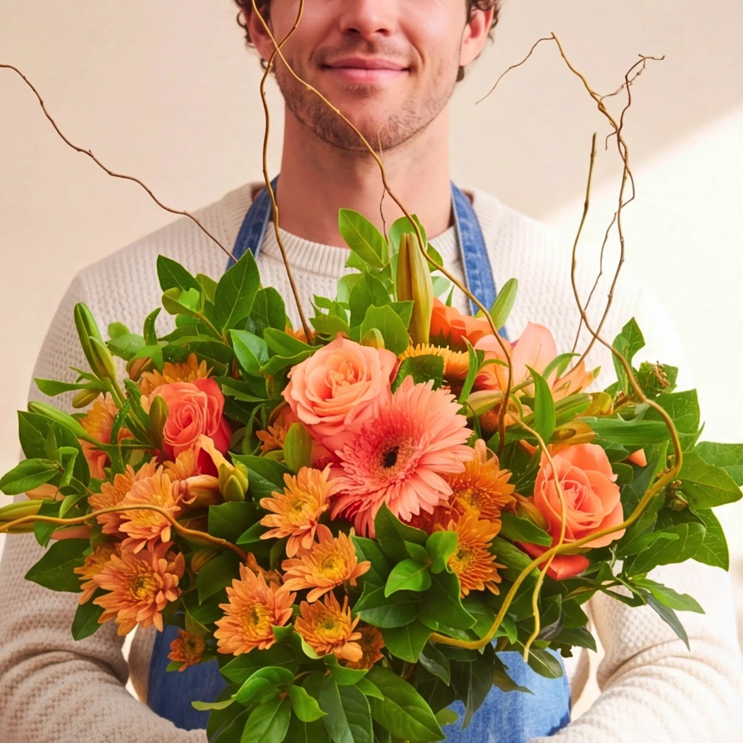 Close-up of the Bright Sunshine Bouquet with coral gerbera, peach roses and orange chrysanthemums hand-tied by Fabulous Flowers