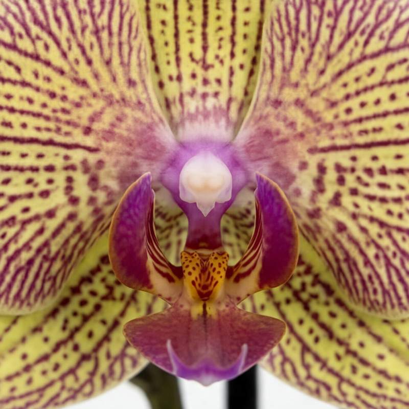 Close-up of Bronze Tiger Phalaenopsis orchid lip showing vivid magenta-purple centre with yellow-green petals and fine burgundy-red veining, rare Amsterdam import | Fabulous Flowers