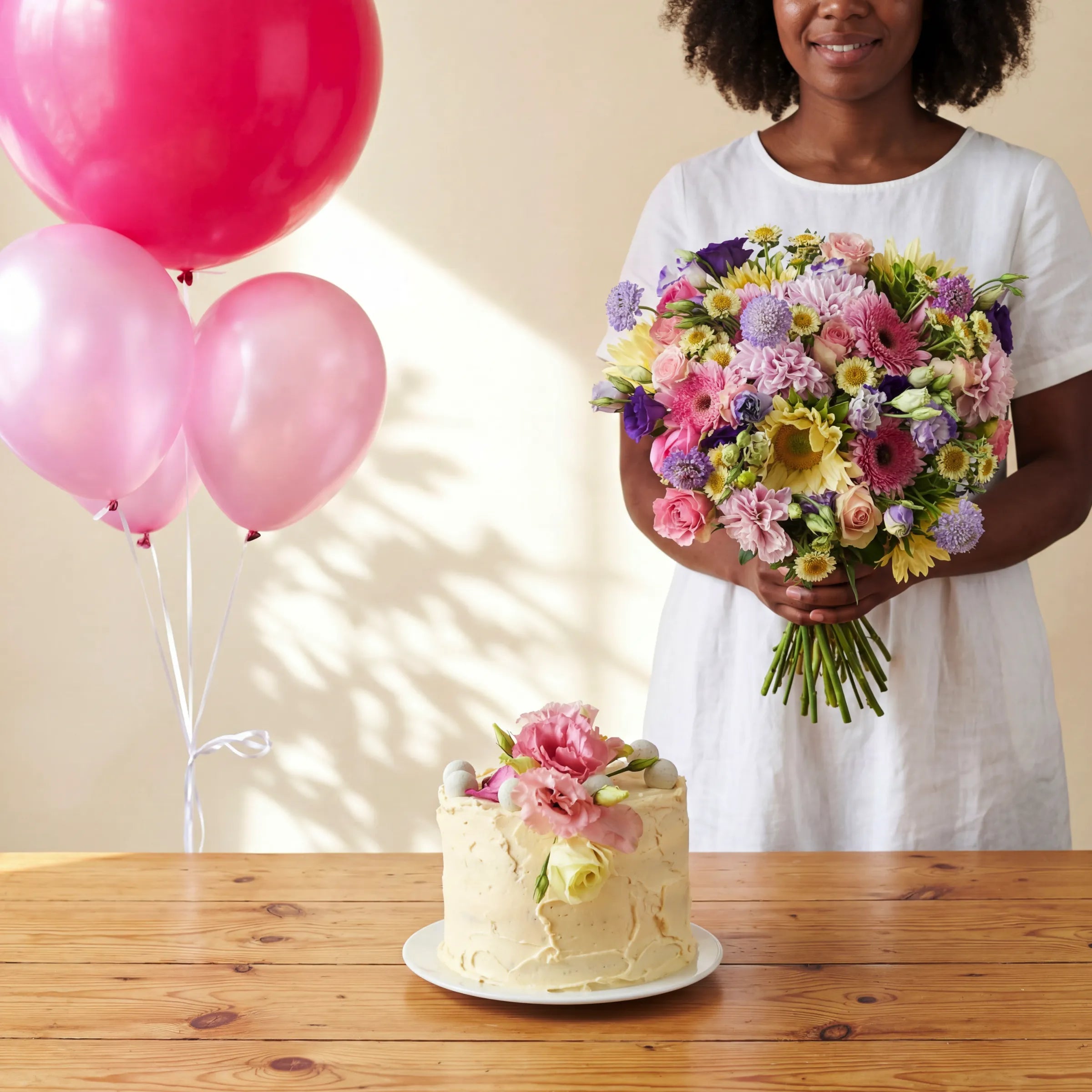 Buttercream Blooms birthday bouquet of pink gerberas, yellow blooms and purple lisianthus with balloons and cake