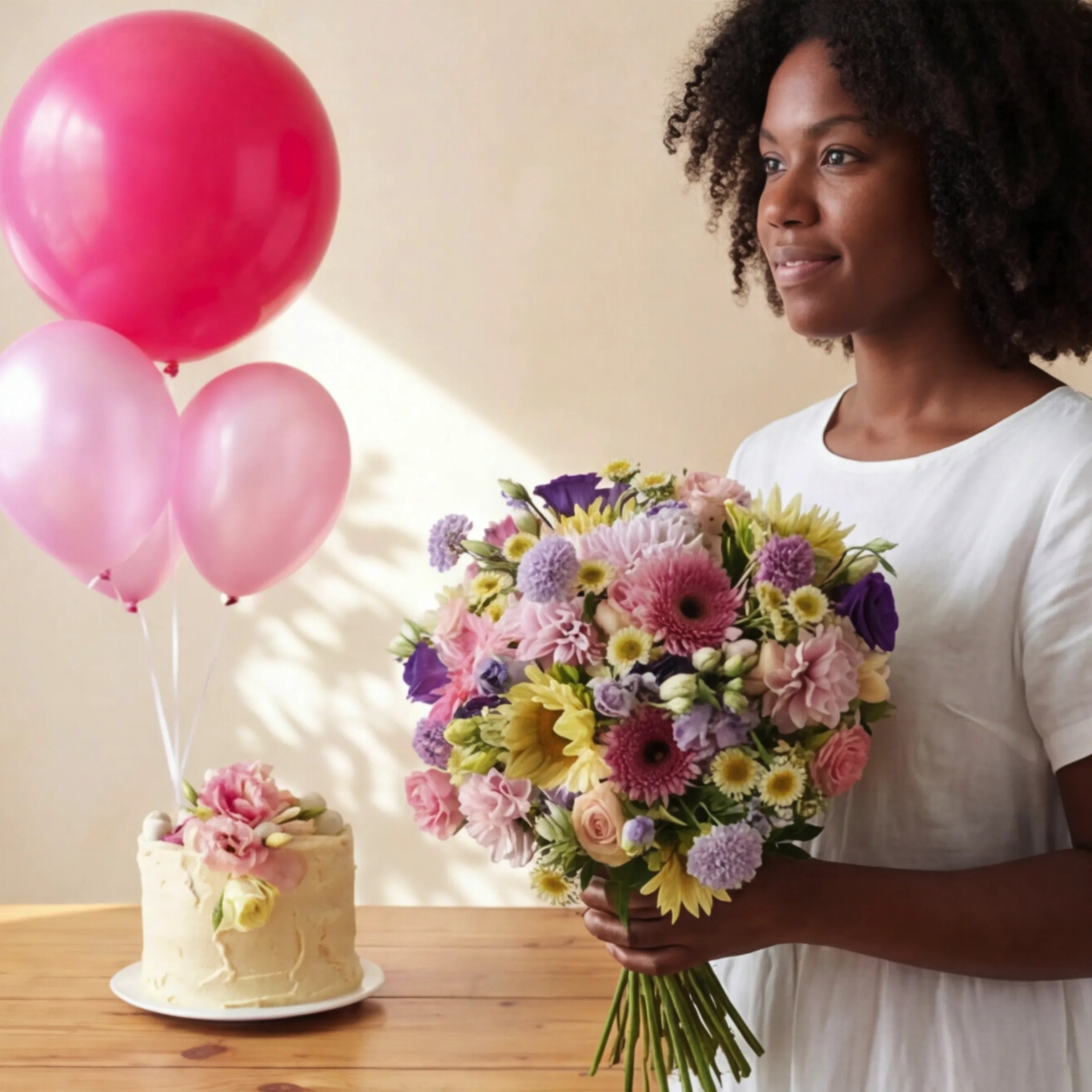 Buttercream Blooms birthday bouquet paired with buttercream cake and pink balloons for a celebration