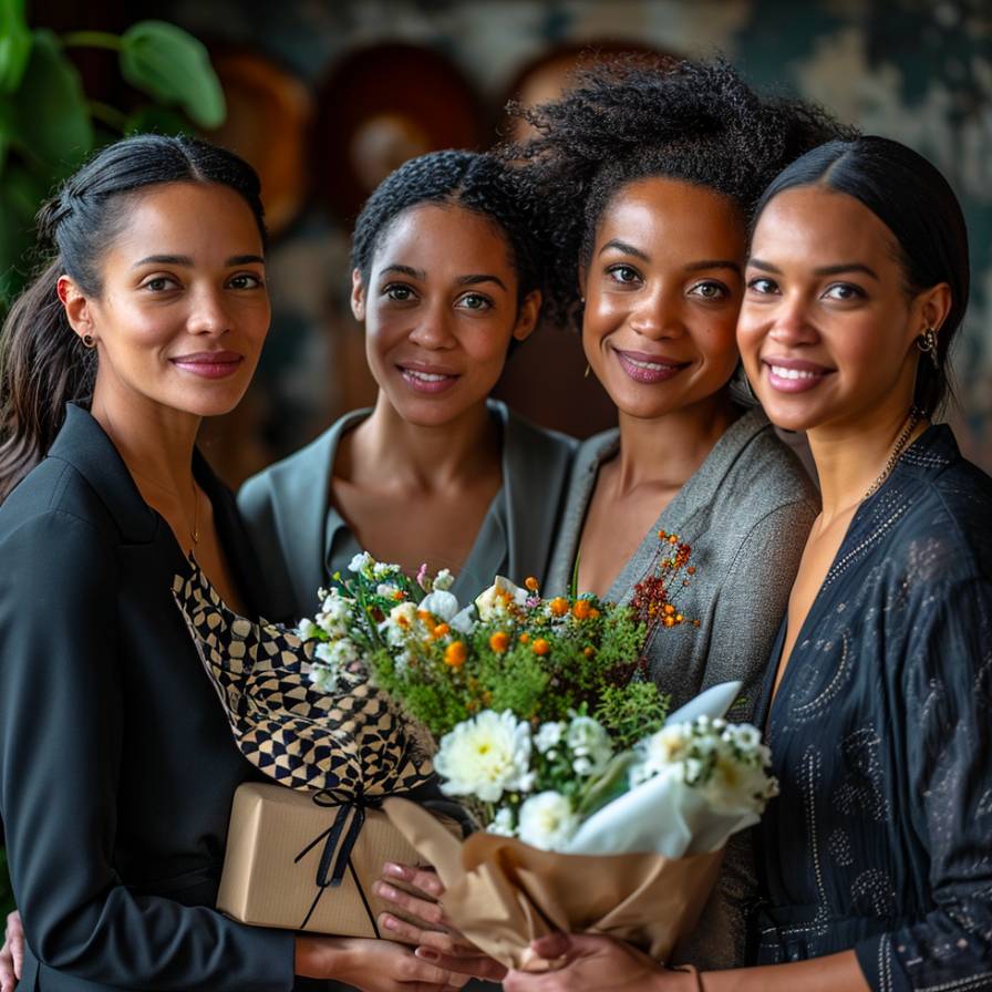 Four professional women smiling with a fresh flower bouquet and corporate gift box in Cape Town