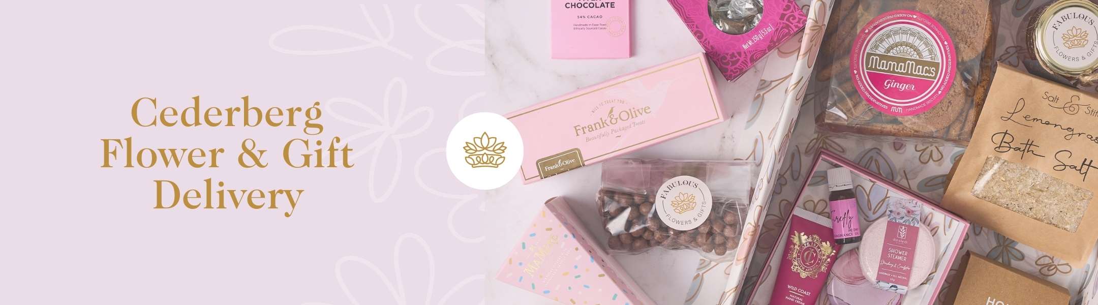 A collection of beautifully packaged gifts including chocolate, cookies, bath salts, and other treats. Text reads 'Cederberg Flower & Gift Delivery' with a floral crown logo.