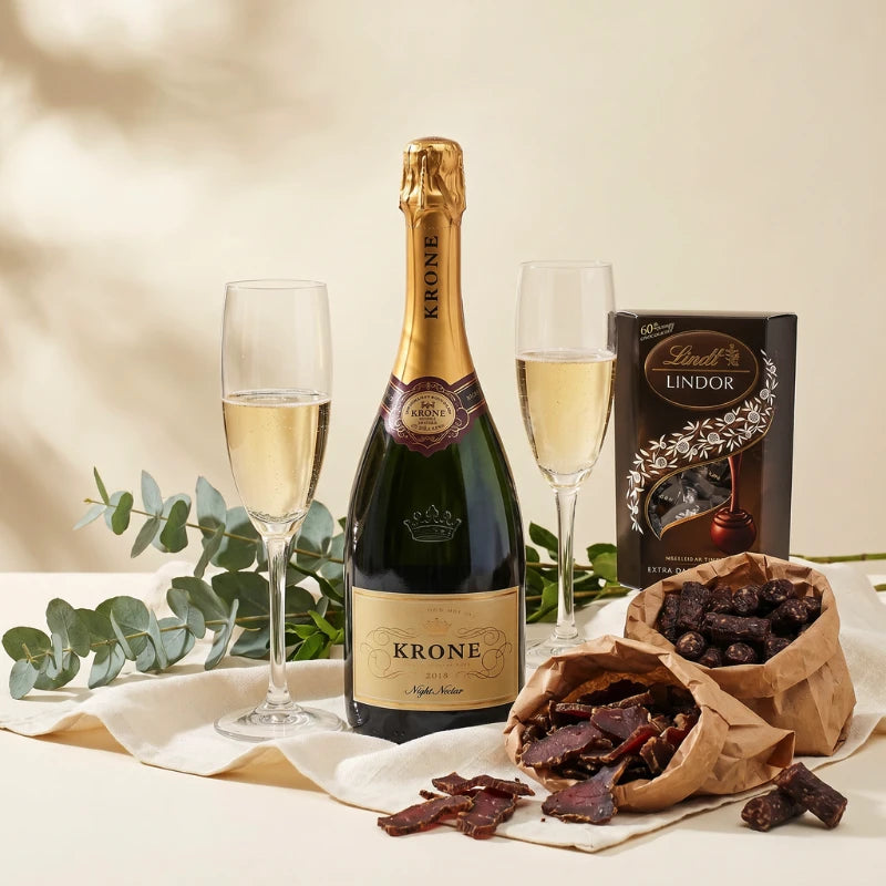 Celebrate A Good Life gift styled with Krone Night Nectar, two champagne flutes, biltong, droëwors and Lindt Extra Dark, Fabulous Flowers
