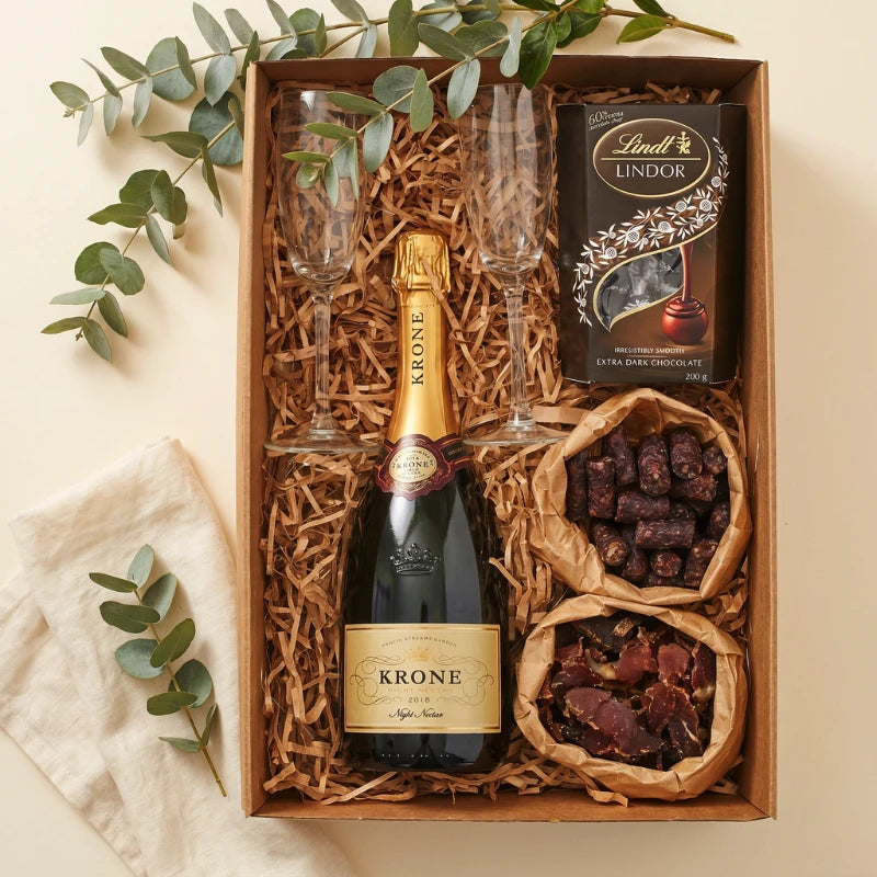 Celebrate A Good Life gift box flat-lay with Krone Night Nectar, two champagne flutes, biltong, droëwors and Lindt Lindor Extra Dark, Fabulous Flowers
