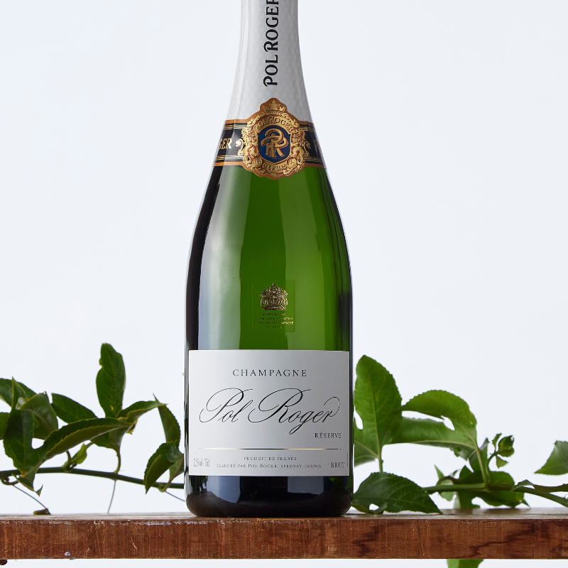 Close-up of Pol Roger Champagne bottle with detailed gold crest and elegant white label, styled with greenery on a wooden ledge.