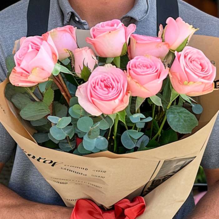 Charming Blooms Rose Bouquet – elegant pink roses with eucalyptus, wrapped in kraft paper with red ribbon by Fabulous Flowers