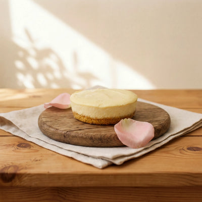 Lemon Cheesecake on oak board with pink rose petals and linen, by Fabulous Flowers Cape Town since 1999
