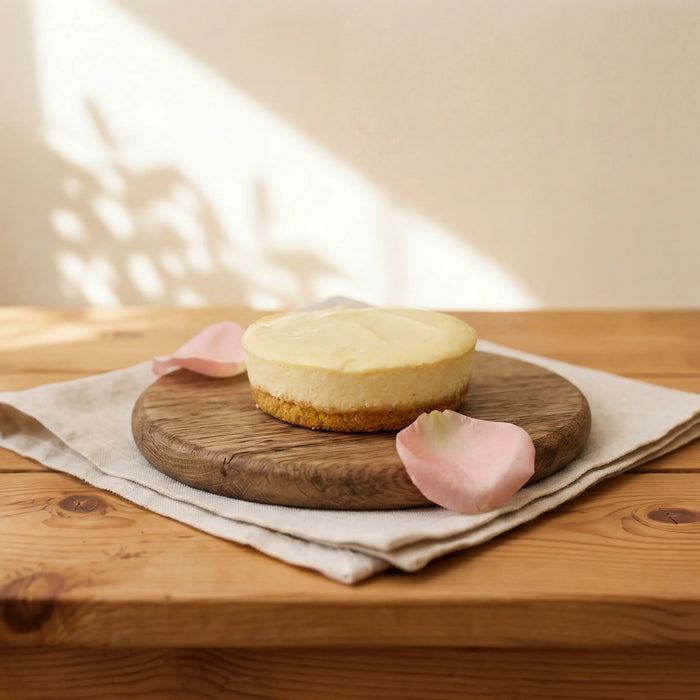 Lemon Cheesecake on oak board with pink rose petals and linen, by Fabulous Flowers Cape Town since 1999