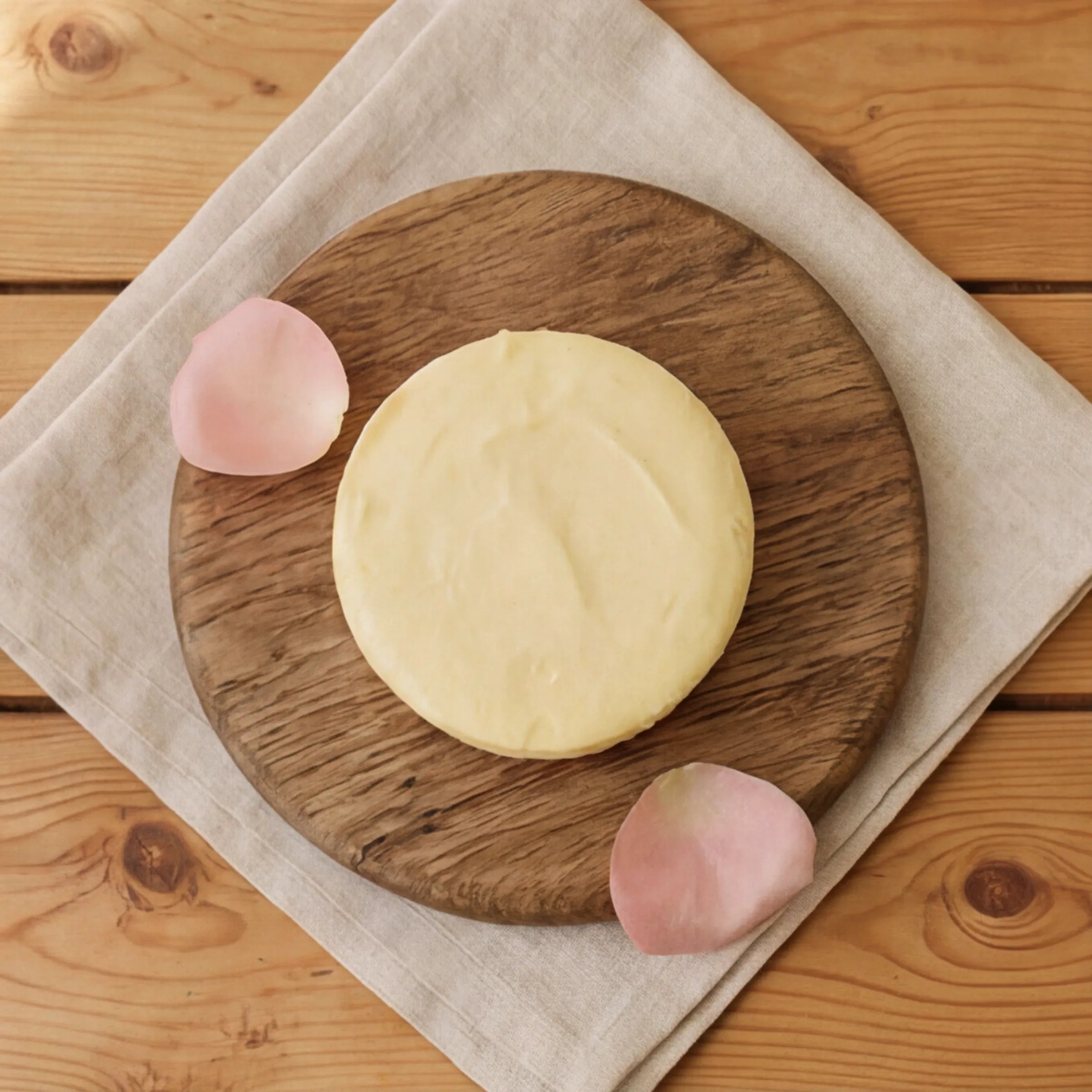 Top-down Lemon Cheesecake with pale lemon top and golden biscuit base, hand-made in Claremont