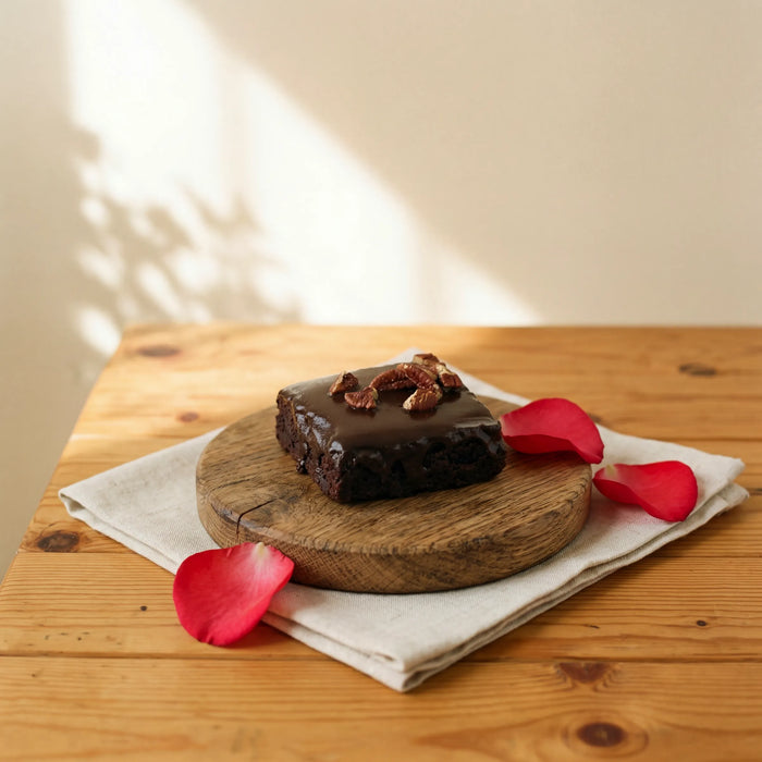 Chocolate Brownie with dark ganache glaze and pecans on oak board with red rose petals by Fabulous Flowers Cape Town