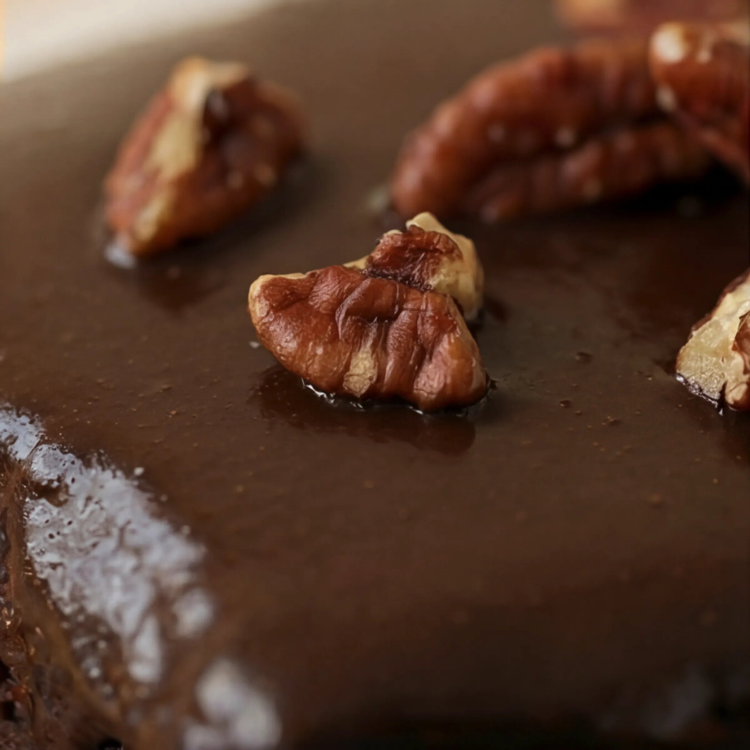 Macro of roasted pecan halves on dark chocolate ganache glaze, Chocolate Brownie by Fabulous Flowers