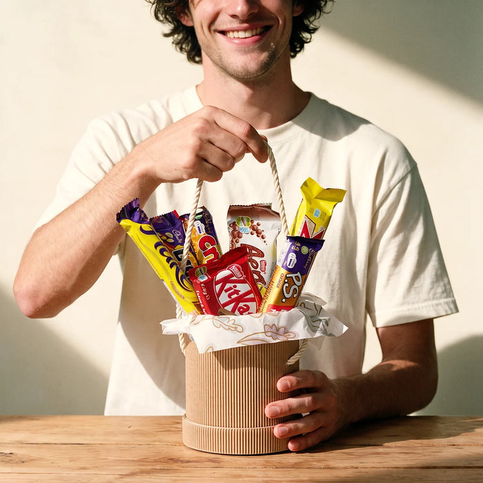 Smiling man in a white t-shirt lifting a kraft hat box of chocolate bars by its rope handle as a thank-you gift, Fabulous Flowers South Africa