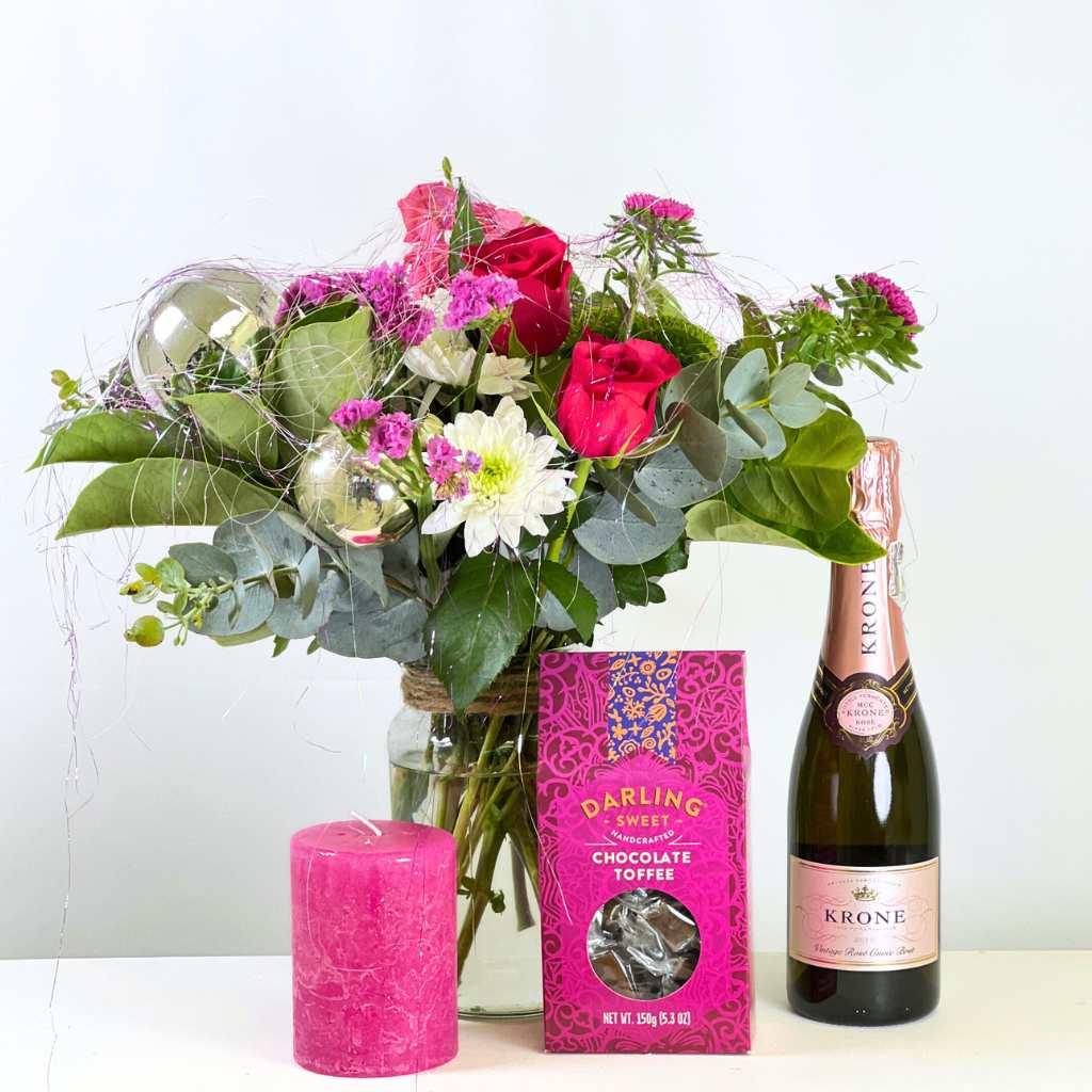 Christmas Candle & Bubbles Duo with Pink Roses - Fabulous Flowers and Gifts