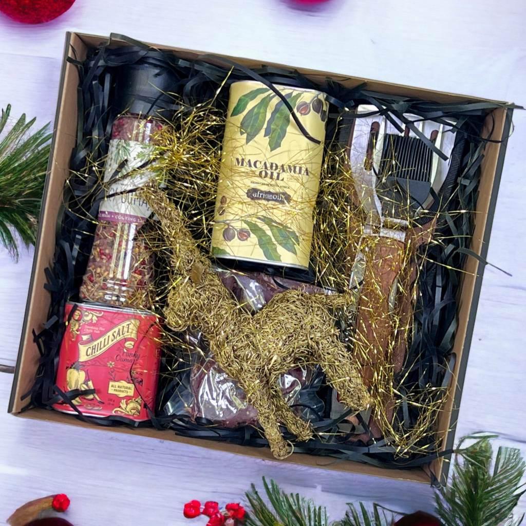 Rich Macadamia Oil in a Christmas Gift Box with braai gadgets for him - Fabulous Flowers