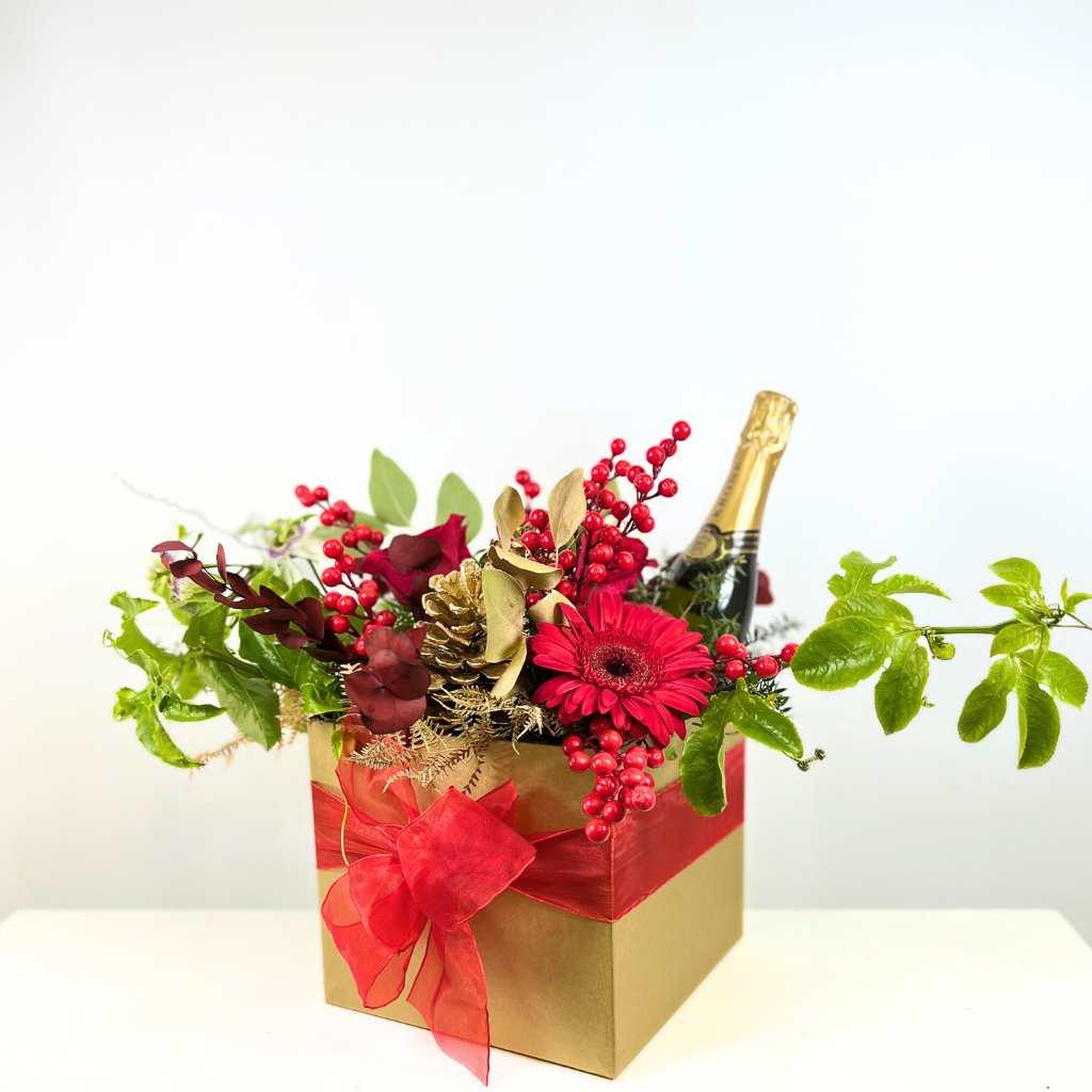 Festive Floral Arrangement in Gold Box with Krone Night Nectar - Fabulous Flowers and Gifts