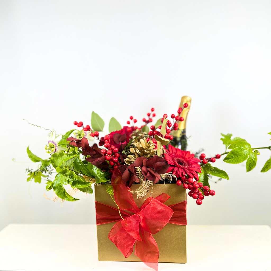 Christmas Wishes Bubbly Box with Red and Gold Flowers and Champagne - Fabulous Flowers and Gifts