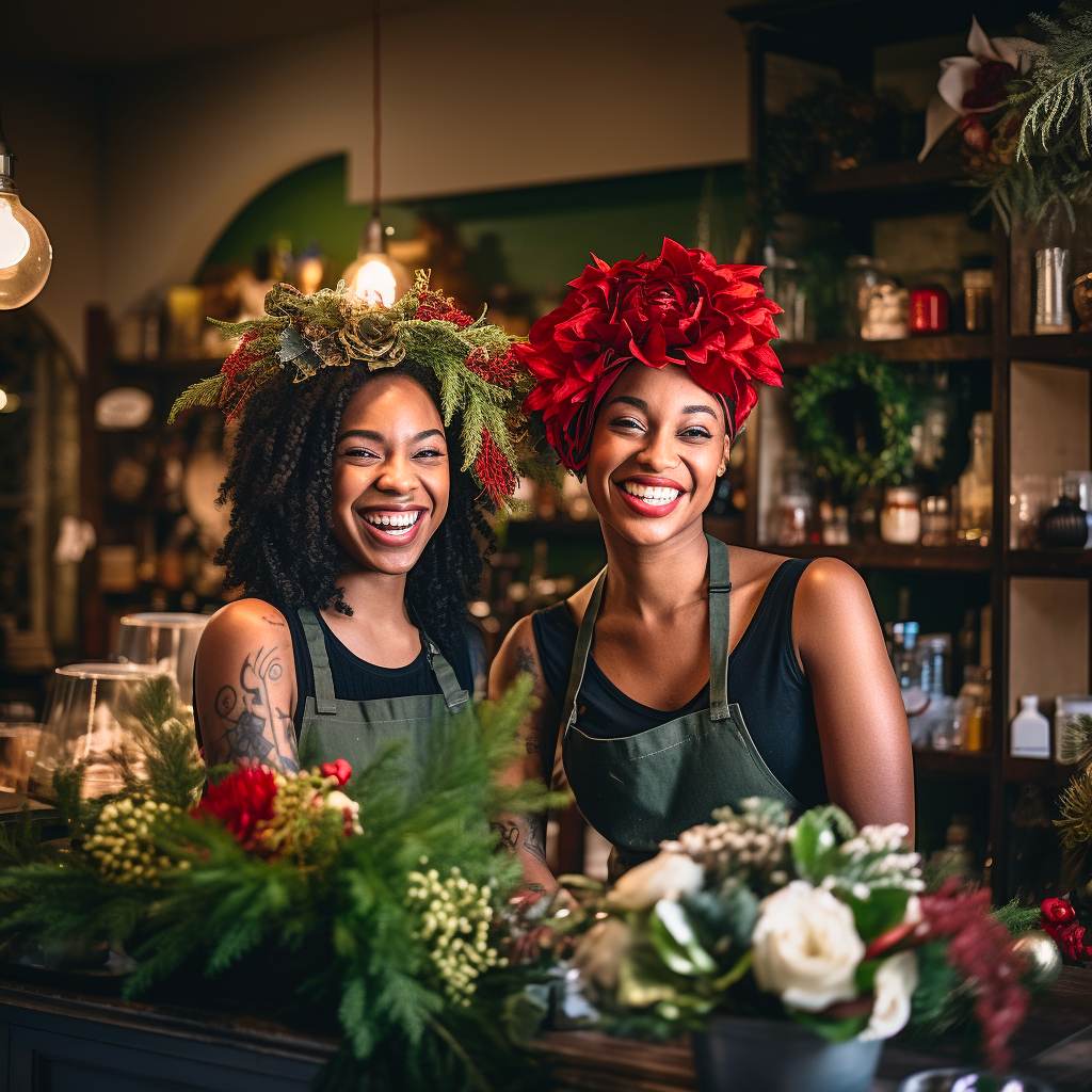 Florists wearing Christmas flower crowns in a flower shop - Fabulous Flowers