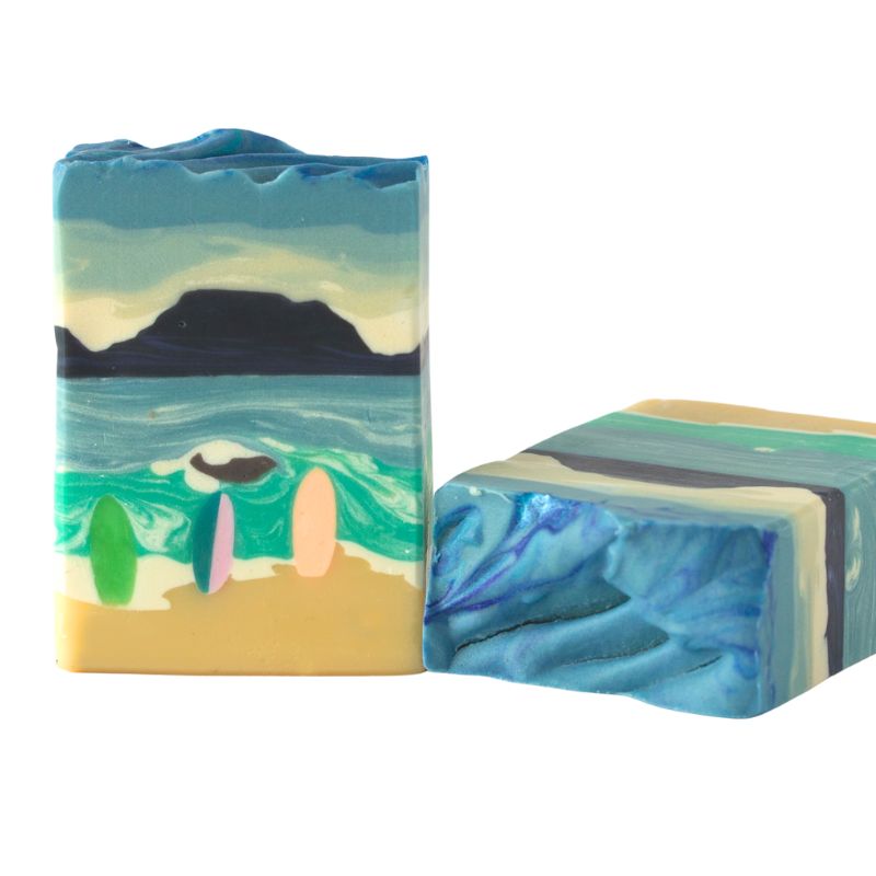 Citrus Escape Soap with surfboard design and mountain view, handmade by Mi&U at Fabulous Flowers & Gifts.