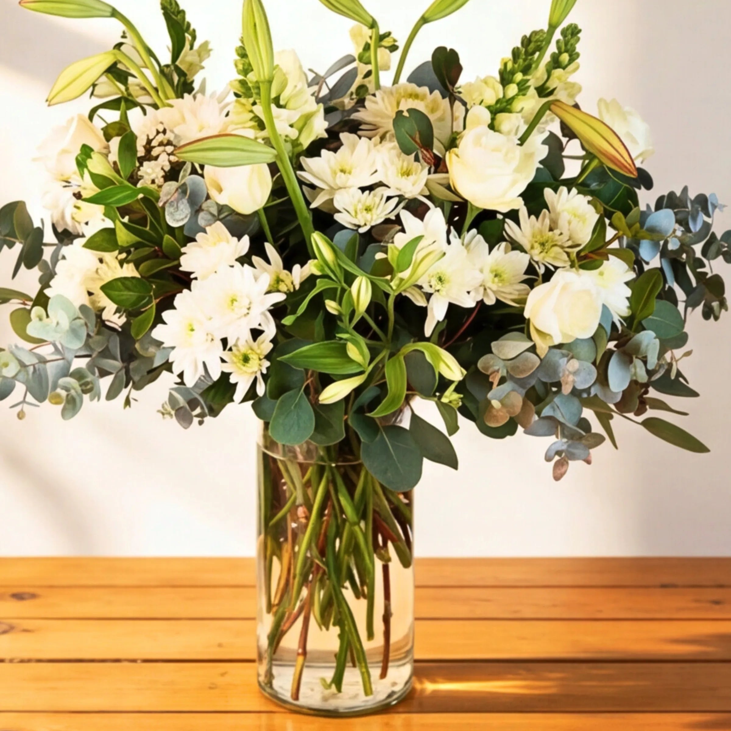 Classic white flower arrangement of white roses, lilies, chrysanthemums and eucalyptus in a glass vase, Cape Town florist