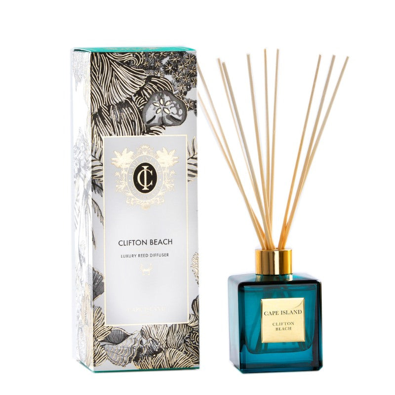 Cape Island Clifton Beach reed diffuser with packaging on a white background