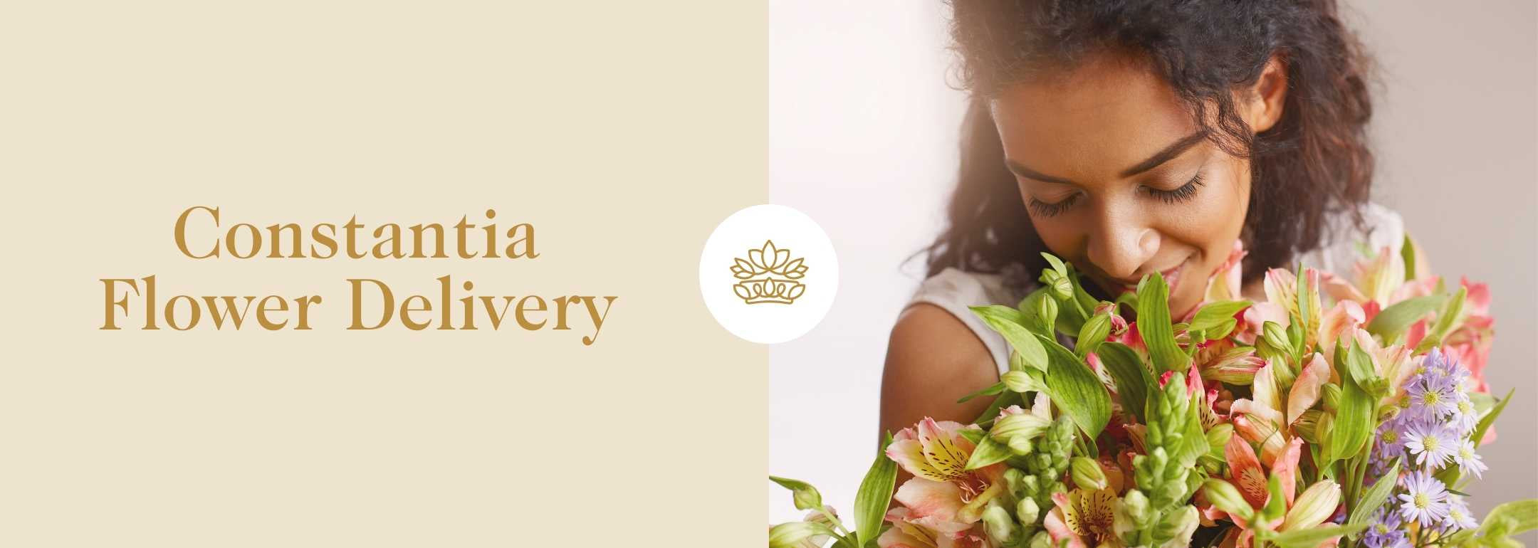Constantia Flower Delivery text alongside a woman enjoying a vibrant bouquet of fresh flowers, representing local floral delivery services.