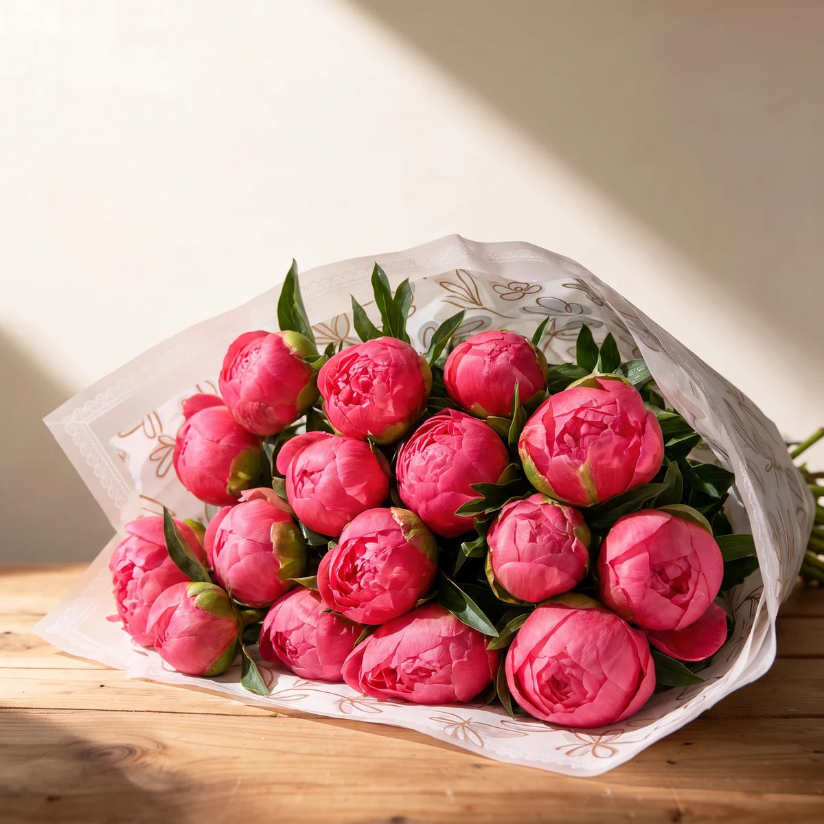 Large bouquet of coral peonies wrapped in white paper with a gold leaf print, lying on a wooden table in afternoon sun