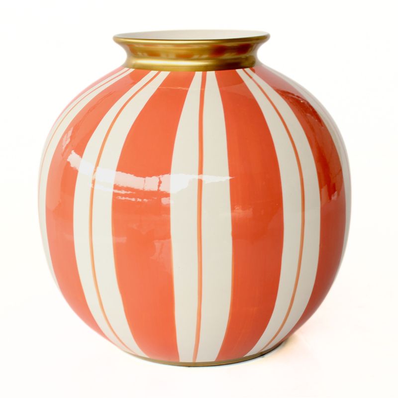 Decorative vase with orange and white striped pattern on a white background