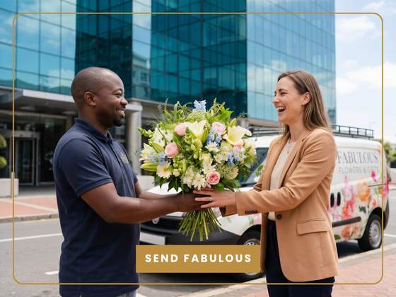 Man handing a bouquet of flowers to a woman in an urban setting with a floral delivery van in the background.