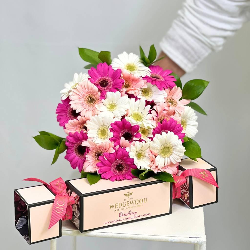 Cotton Candy Gerbera Bouquet with Wedgewood Nougat Cranberry Cracker - Fabulous Flowers
