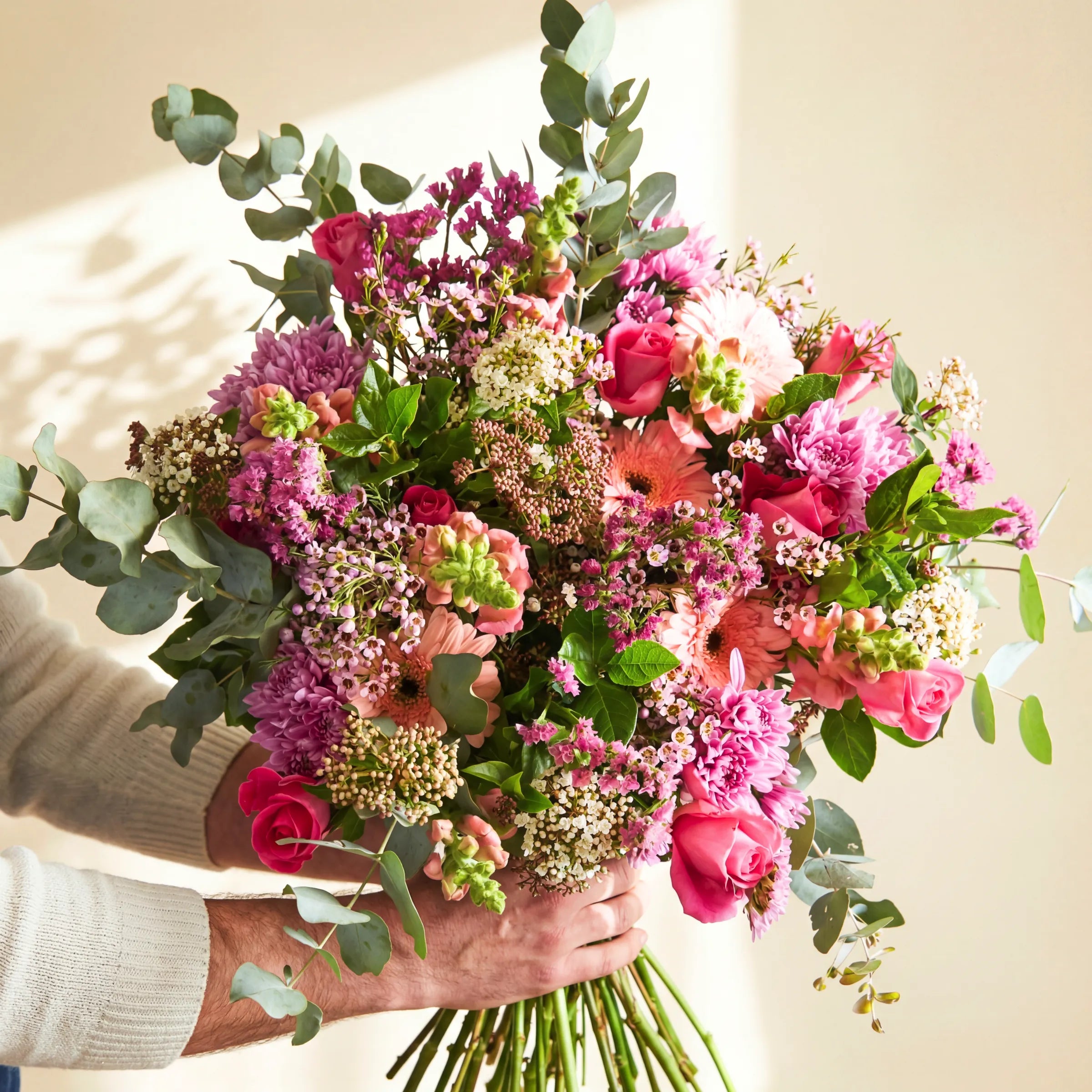 Wild meadow Country Garden Bouquet with pink roses, lilac chrysanthemums, peach gerbera, wax flower, statice and silver eucalyptus