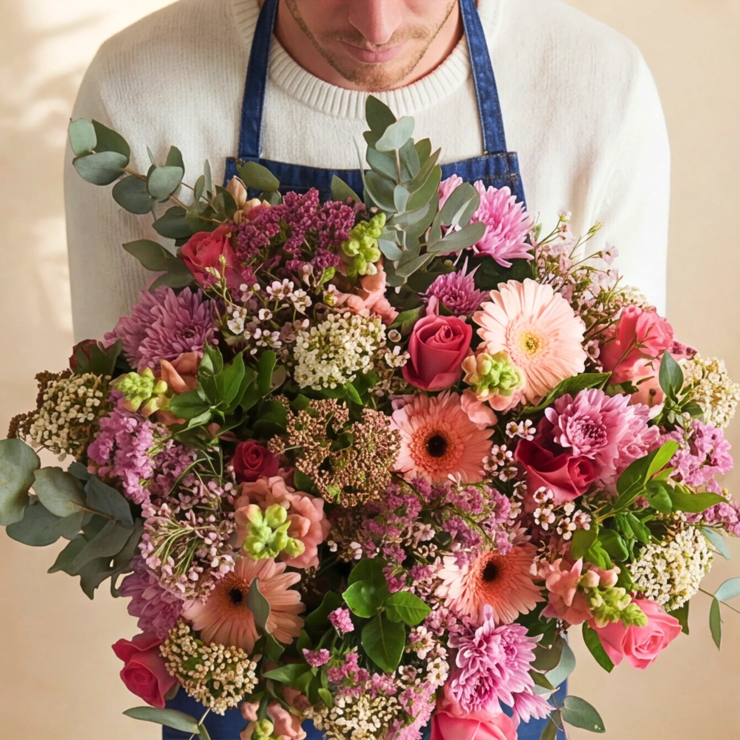 Florist holding the Country Garden Bouquet pink and pastel hand-tied bouquet in our Claremont studio