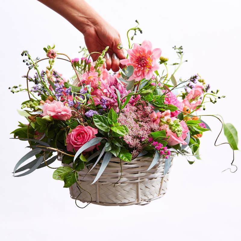 Hand holding a bouquet of pink flowers in a wicker basket on a white background